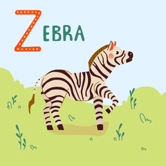 Fototapeta na wymiar Zebra vector flat cartoon illustration. Cute african zebra on green grass on blue sky for prints, stickers, cards and kids design