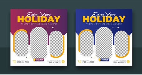 Travel holiday vacation social media post template, Tour travel holiday tourism marketing social media post. poster for summer beach travel agency. Digital advertising illustration, promotion Banner.
