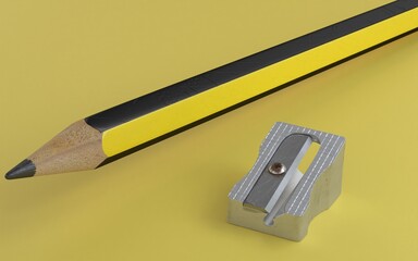 pencil and sharpener on a yellow background