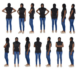 Obraz premium group of same woman standing woman front, side and back view on white background