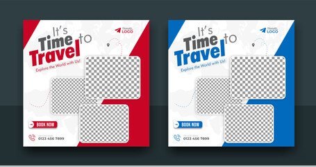 Travel sale social media post template. Web banner, flyer, or posters for travel agency business offer promotion. Travel agency social media post template design of summer beach, Editable illustration