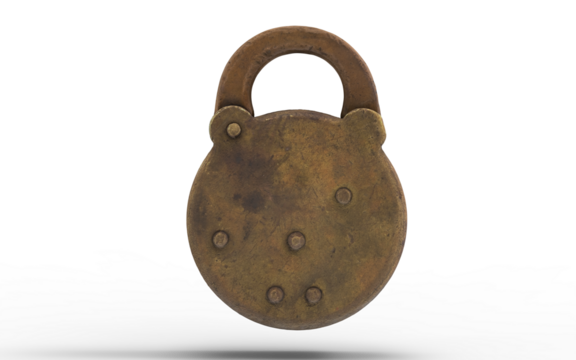 Antique circular padlock in the shape of a circle on a white background