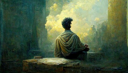 Marcus Aurelius Creating Meditations - Roman emperor and stoic philosopher thinking and writing His Diary - aka Meditations - AI Art, Stoic Quote Background - obrazy, fototapety, plakaty