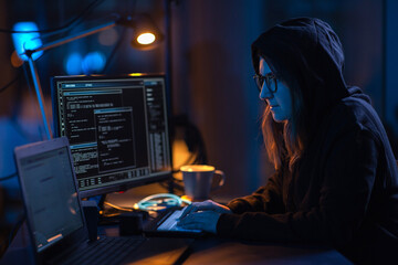 cybercrime, hacking and technology concept - female hacker in dark room writing code or using computer virus program for cyber attack