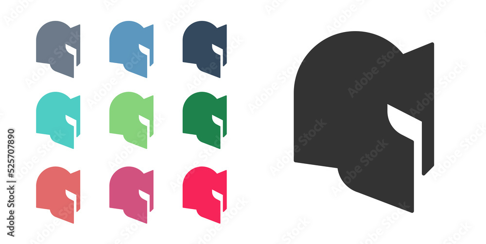 Sticker Black Medieval iron helmet for head protection icon isolated on white background. Knight helmet. Set icons colorful. Vector