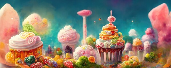 Cupcake and candy fantasy landscape with many lolly sweets of all kinds, cute colorful © Rick