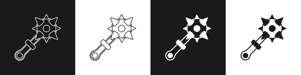 Set Medieval chained mace ball icon isolated on black and white background. Morgenstern medieval weapon or mace with spikes. Vector