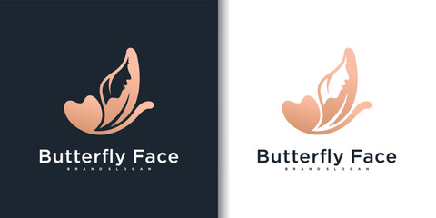 Woman's face in butterfly wings shape. abstract logo design concept for beauty salon Premium Vektor