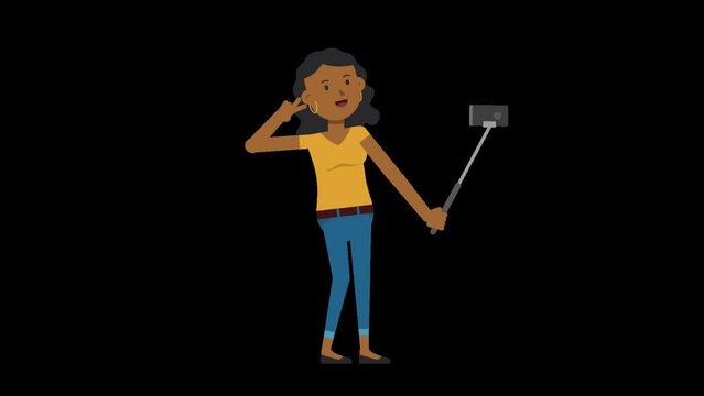 Black casual woman taking a selfie with a selfie stick and posing