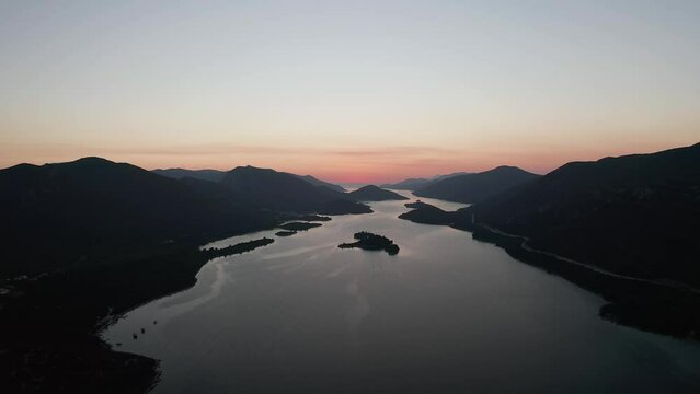 Sunset aerial view of the Mali Ston Bay on Peljesac peninsula