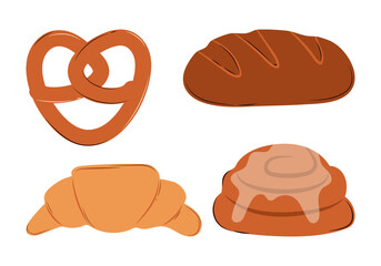 Bakery products: bread, croissant, pretzel, cinnamon roll vector flat Illustration. Fresh bread.