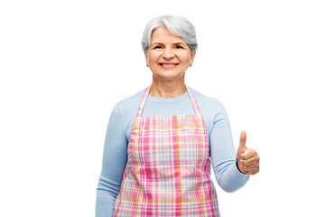 cooking, culinary and old people concept - portrait of smiling senior woman in kitchen apron...