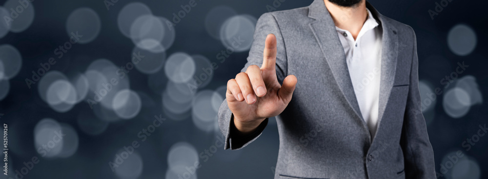 Poster man tapping on virtual screen