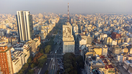 Aerial view of the Obelisk, icon of the city of Buenos Aires.