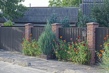 flowers and grass with green coniferous ornamental trees near the brown brick and metal fence wall on a rural street - obrazy, fototapety, plakaty