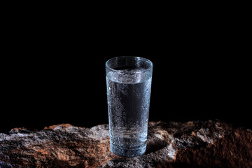 a glass of water with walls fogged up from the cold on a rock on a black background