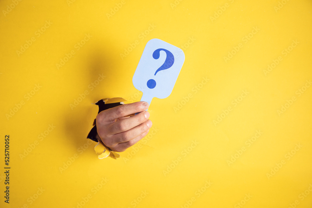 Poster man holding card with question mark