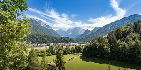 Kranjska Gora town in Slovenia at summer with beautiful nature and mountains in the background