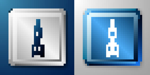 White Dart arrow icon isolated on blue and grey background. Silver and blue square button. Vector