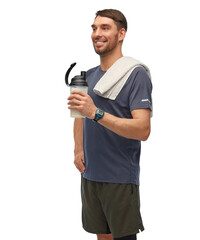 fitness, sport and healthy lifestyle concept - smiling man in sports clothes with protein shake bottle and towel over white background