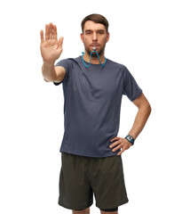 fitness, sport and healthy lifestyle concept - male trainer or referee whistling whistle and showing stop gesture over white background