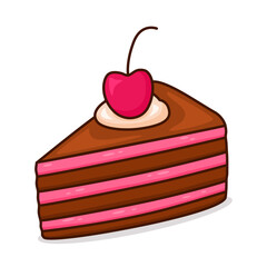 Delicious piece of chocolate cake with cherries. birthday or holiday concept. flat vector illustration