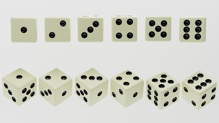 Set of classic white game dices isolated on white background. 3D render
