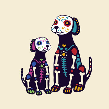 El Perro, Day of Dead, Dia de los muertos, flat vector illustrations set. Mexican skull piñata, skeletons isolated cliparts, holiday stickers, dog skeleton