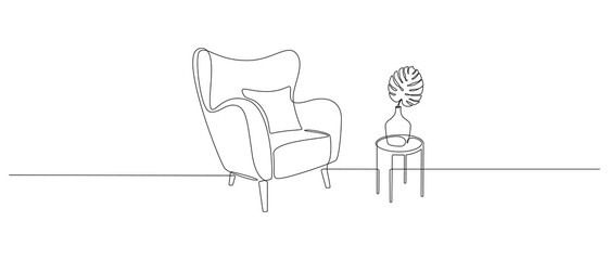 One continuous line drawing of armchair and lamp and potted plant. Modern rustic furniture for living room interior in simple linear style. Editable stroke. Doodle Vector illustration