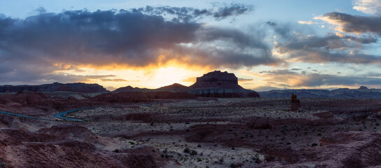 Red Rock Formations in Desert at Sunset. Spring Season. Goblin Valley State Park. Utah, United States. Nature Background Panorama