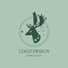 Minimalist vector deer logo in flat design style  with moon and stars for branding identity