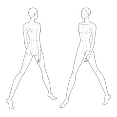 Walking women Fashion template 9 nine head size female with main lines for technical drawing. Lady figure front 3-4 back view. Vector isolated outline sketch girl fashion sketching and illustration