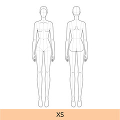 XS size Women Fashion template 9 nine head Croquis Lady model skinny body with main lines figure front, back view. Vector outline isolated girl for Fashion Design, Illustration, technical drawing