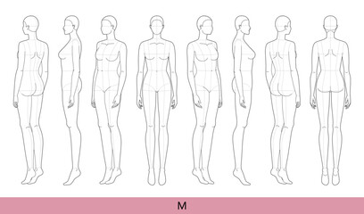 Set of M Size Women Fashion template 9 nine head Croquis Lady with main lines figure front, side, 3-4 back view. Vector isolated outline sketch girl for Fashion Design, Illustration, technical drawing