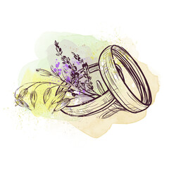 Obraz premium A pair of wedding rings, a vintage watercolor sketch with lavender and yellow, green splashes. Hand-drawn wedding rings in Provence style. Wedding accessory on a white background