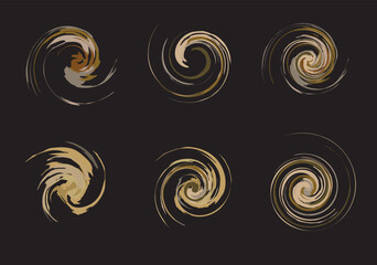 Spiral shapes in pastel tonality on black for your design. Swirl symbols for emblems, business concepts, decorative autumn compositions, fashion, logos, prints, fabrics, embroidery, web icons, etc.