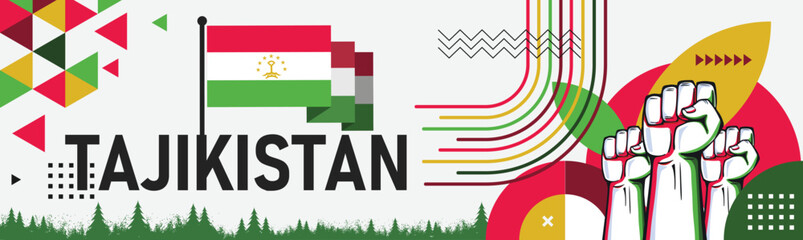 Tajikistan Flag with raised fists. National day or Independence day design for Tajik celebration. Modern retro design with abstract icons. Central Asia Tajikistan Vector illustration. - obrazy, fototapety, plakaty