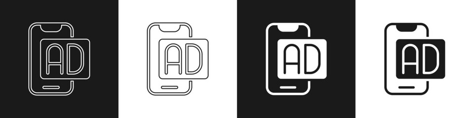Obraz premium Set Advertising icon isolated on black and white background. Concept of marketing and promotion process. Responsive ads. Social media advertising. Vector