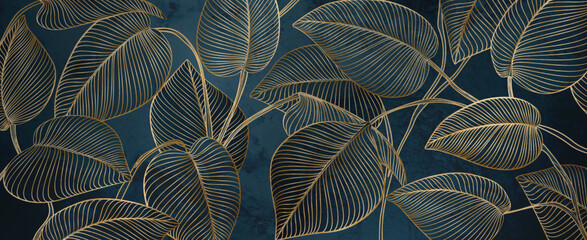 Abstract art background in blue colors with exotic leaves on tree branches in golden line style. Botanical banner for decoration design, print, interior design, wallpaper, packaging. - obrazy, fototapety, plakaty