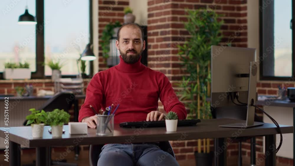 Aufkleber portrait of businessman sitting at desk and preparing to work on computer to plan financial charts f