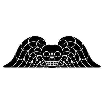 Winged skull. Medieval death symbol. Black and white negative silhouette.