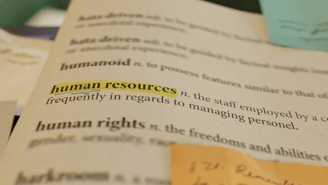 3D rendering close-up of the definition of human resources in a dictionary, which has been annotated