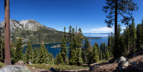 Panoramic View of Large Bay and Lake with Boats, Small Island, Trees and Mountains. Summer Season....