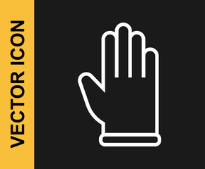 Obraz premium White line Rubber gloves icon isolated on black background. Latex hand protection sign. Housework cleaning equipment symbol. Vector