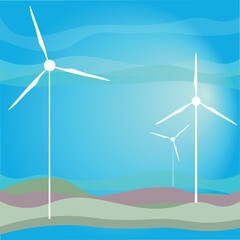 Wind turbine in the wind. Flat style vector illustration of renewable green energy. Copy space.