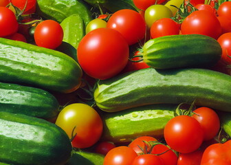 Ripe fresh  tomatoes and cucumbers. Cherry tomato and cucumber vegetable salad concept