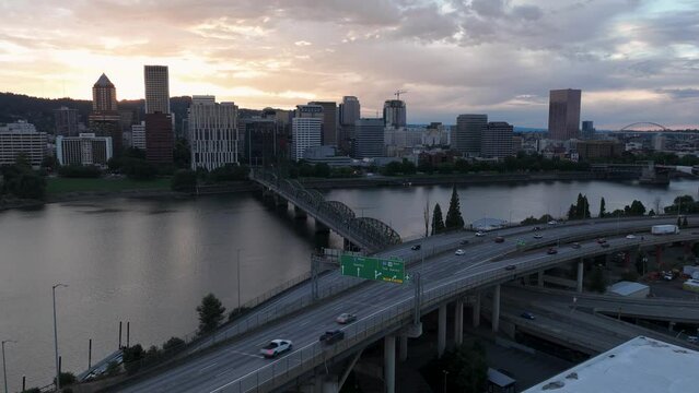 Portland Oregon Drone Hyperlapse of downtown across the Willamette River with Interstate 5 in the foreground 