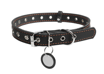 Black leather dog collar with tag isolated on white
