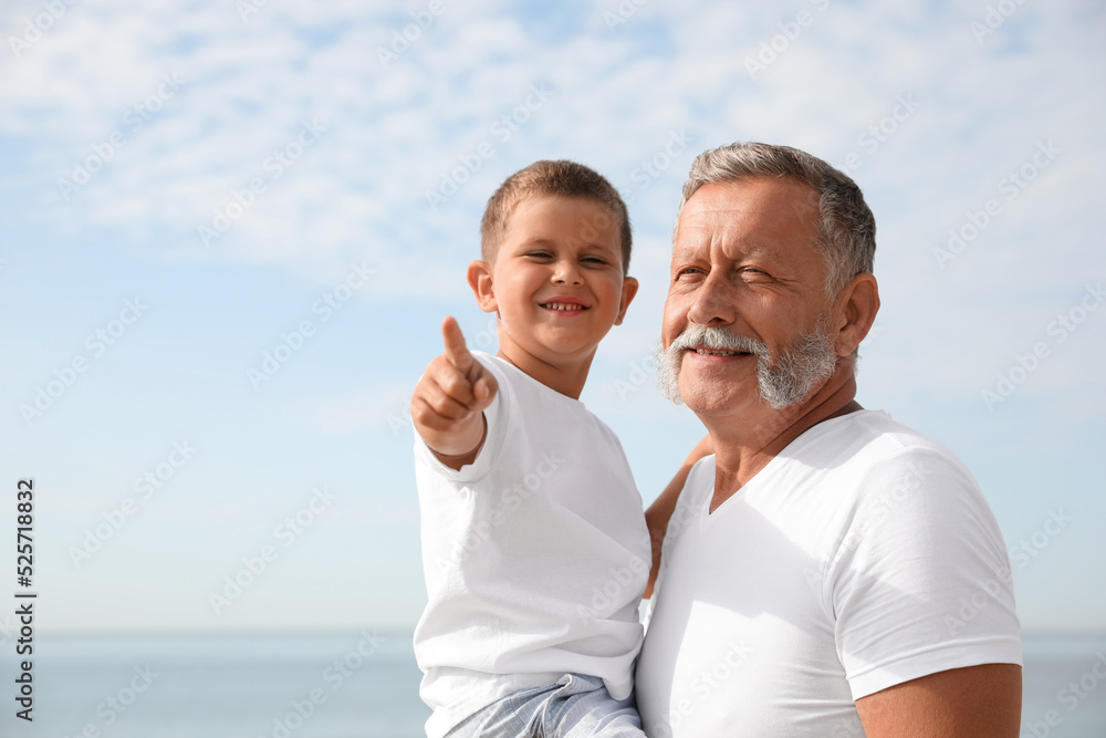 Poster grandfather with little boy on sea beach in summer