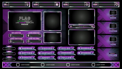 twitch Stream Facecam OBS Template Purple X overlay design Pack . modern template illustration vector